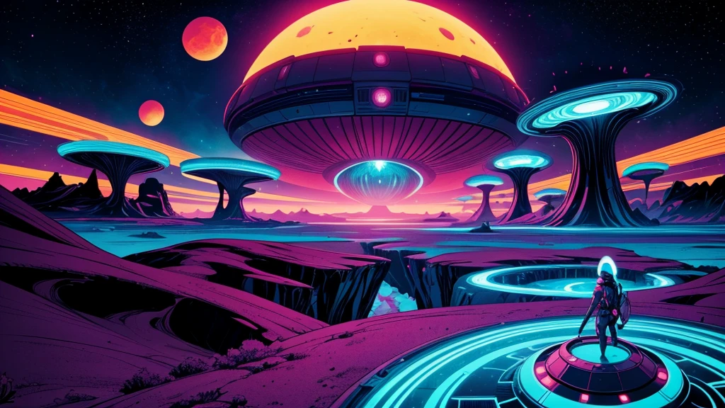 Create a dazzling alien world in the style of 1950s-70s comic book art. Use bold outlines, halftone patterns, and exaggerated perspective. Employ intense, saturated colors reminiscent of vintage four-color printing. Choose ONE of these elements:
-A gleaming futuristic city with impossible architecture and flying vehicles
-Bizarre, tentacled monsters with multiple eyes and otherworldly appendages
-A desolate, crater-filled landscape with twin moons in the sky
-Retro space girls in sleek silver suits and bubble helmets
-A massive, ring-shaped space station orbiting a technicolor planet
-Crystal formations and alien plant life in neon hues
Maintain a psychedelic, otherworldly atmosphere with swirling, colorful skies and strange celestial bodies. Emphasize the contrast between light and shadow to create a dramatic, pulp sci-fi feel.