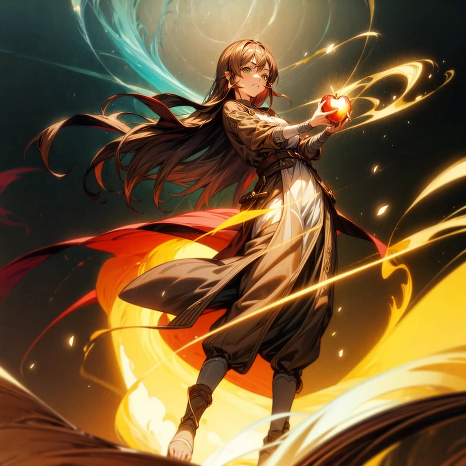 1girl, Full body version, 1character, adult version, green eyes color, long haircut, brown colour hair, Happy expression, Bandage on his hand, medieval style clothing, Apple in hand, background in town, motion blur, aura effect, lighting Apple, smoke aura in hand, (pokemon style art)