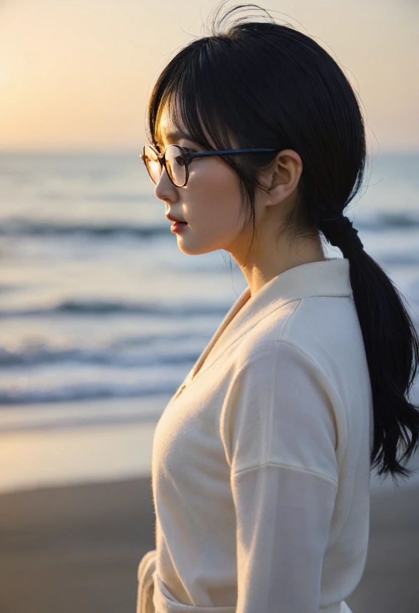 Black Hair, Japanese, ponytail, glasses, profile, mysterious, sunset, coastal, Beauty, Twenty generations, Nape