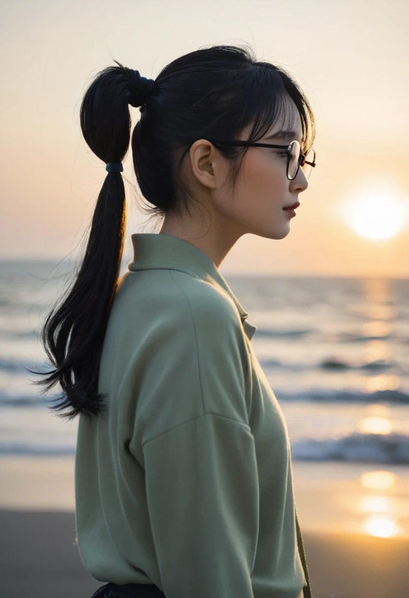 Black Hair, Japanese, ponytail, glasses, profile, mysterious, sunset, coastal, Beauty, Twenty generations, Nape