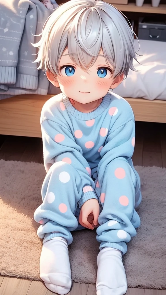 8 year old boy sitting on the floor with his legs crossed and with cute socks with children's drawings his room is so cute and full of sparkles He has fluffy white hair He is wearing cute animal pajamas He's also wearing a cute animal paw His sock has some pompom-style polka dots and his pajama shirt is baggy 