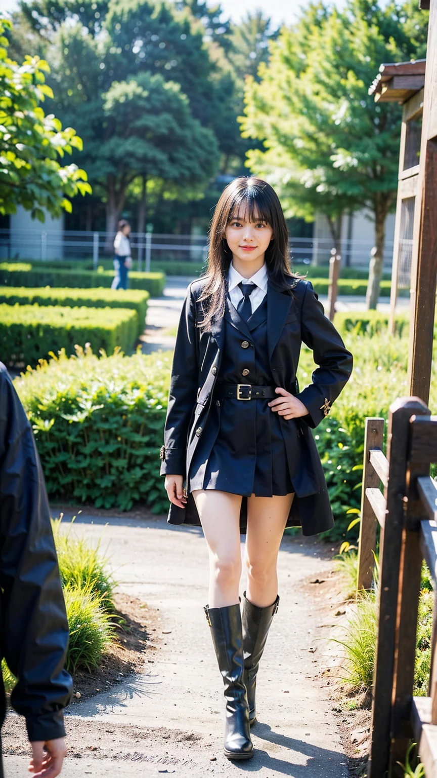 (8K、RAW Photos、Highest quality、masterpiece:1.2)、(Realistic、Realistic)、1 Girl、((black long coat、Black mini skirt、smile、Thin legs、whole body、boots、one piece、garden、View from the front、Looking into the camera、belt、Stand with hands on hips))、cute