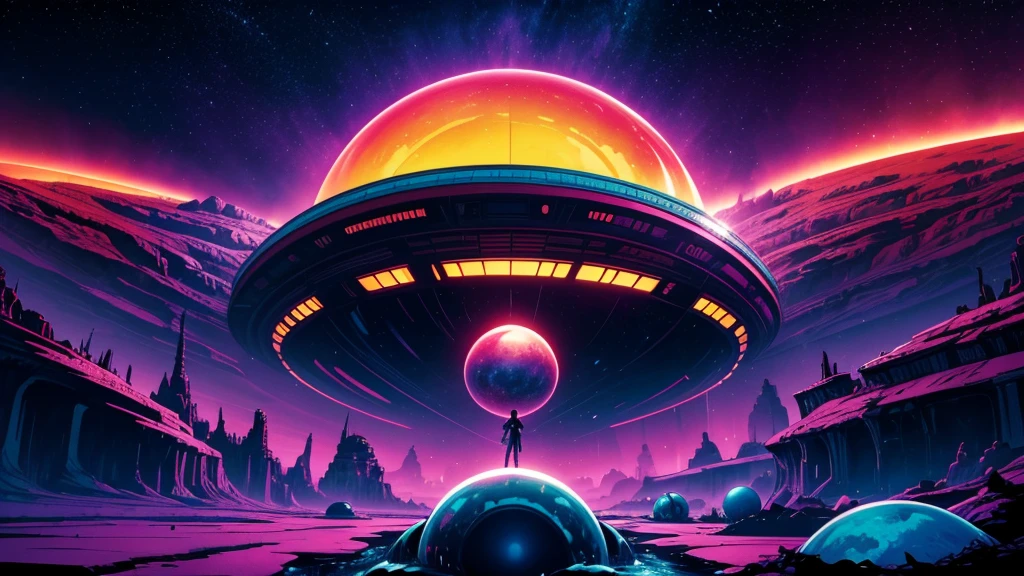 Create a dazzling alien world in the style of 1950s-70s comic book art. Use bold outlines, halftone patterns, and exaggerated perspective. Employ intense, saturated colors reminiscent of vintage four-color printing. Choose ONE of these elements:
-A gleaming futuristic city with impossible architecture and flying vehicles
-Bizarre, tentacled monsters with multiple eyes and otherworldly appendages
-A desolate, crater-filled landscape with twin moons in the sky
-Retro space girls in sleek silver suits and bubble helmets
-A massive, ring-shaped space station orbiting a technicolor planet
-Crystal formations and alien plant life in neon hues
Maintain a psychedelic, otherworldly atmosphere with swirling, colorful skies and strange celestial bodies. Emphasize the contrast between light and shadow to create a dramatic, pulp sci-fi feel.