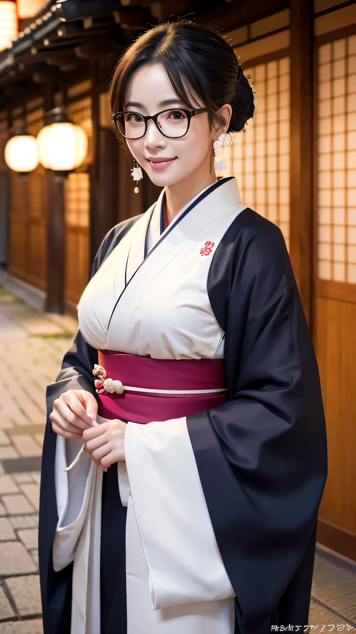 (Super beautiful woman in kimono)、((highest quality、8K masterpiece:1.3))、sharp focus:1.2、(super beautiful face:1.0)、(shiny skin:1.0)、realistic pictures、black hair、video lighting、High resolution eyes and face、video lighting、japanese actress、from the front、big breasts、with a happy smile、Slender abs beauty、whole body、wearing a kimono、in Kyoto、(((luxury obi)))、In Kyoto at night、wearing glasses with no edge、with a fan