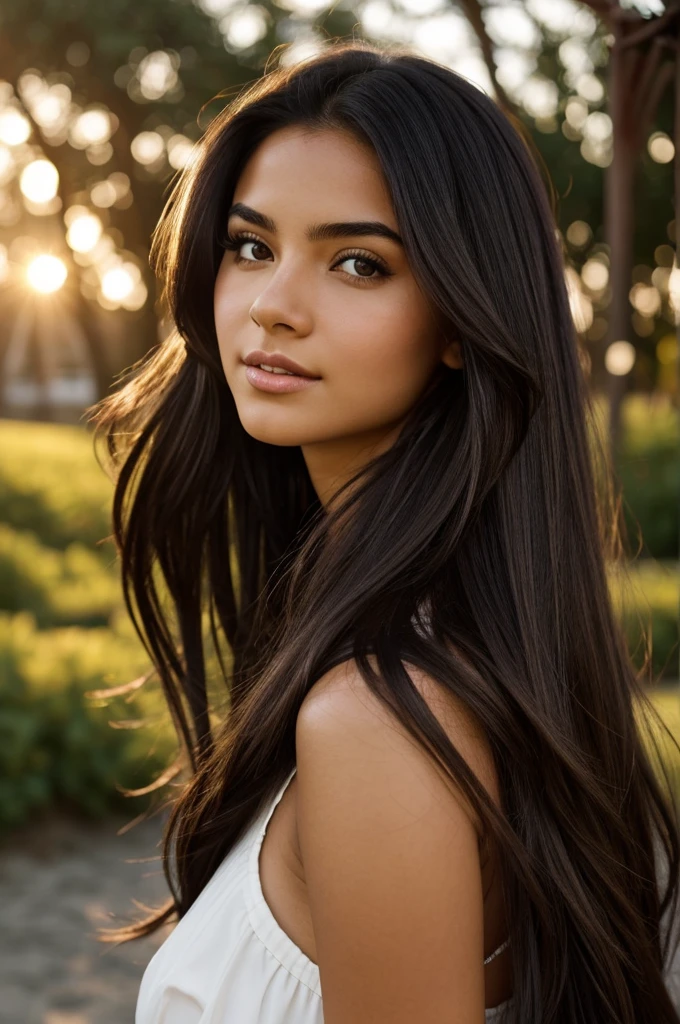 A photorealistic portrait of a 21-year-old colombian girl with long, flowing dark hair and striking dark eyes. She should have a natural, approachable expression and be illuminated by soft, golden-hour sunlight. The background should be a scenic outdoor setting, perhaps a sunlit park or beach. Capture this image with a high-resolution photograph using an 85mm lens for a flattering perspective.
