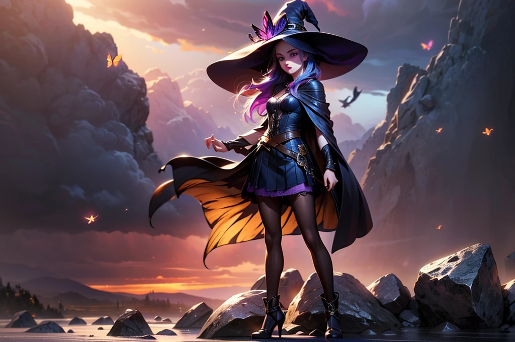 In the middle of so the storm on the stone field stand beatiful witch, she have a beautiful face with blue eyes shining purple lipstick and purple eye shadows, she have long blue hair with purple highlights, she dressed in black long coat short skirt high heels shoes and witch hat on her head , there is lighning butterflys fly all around her, (ultra high quality fantasy art, anime fantasy style, masterpiece, ultra high quality character design, 8k quality anime art, realistic anime art, top quality wallpaper illustration, detailed ultra high quality accurate face, high quality design and accurate physic)
