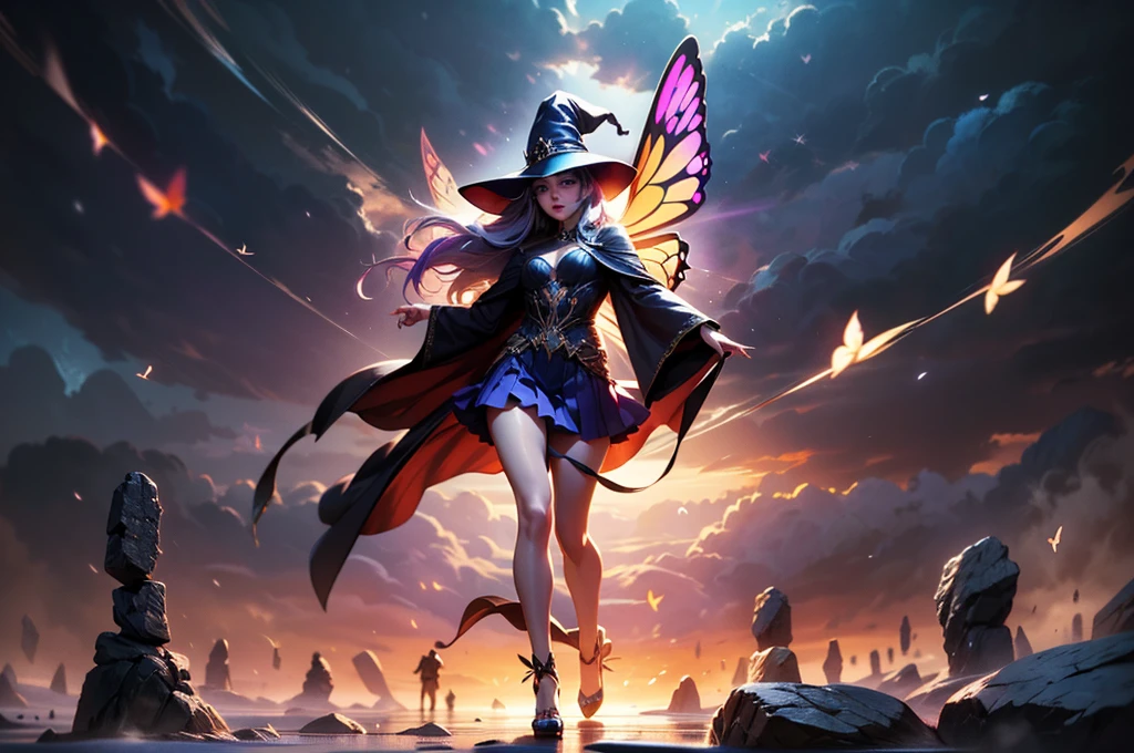 In the middle of so the storm on the stone field stand beatiful witch, she have a beautiful face with blue eyes shining purple lipstick and purple eye shadows, she have long blue hair with purple highlights, she dressed in black long coat short skirt high heels shoes and witch hat on her head , there is lighning butterflys fly all around her, (ultra high quality fantasy art, anime fantasy style, masterpiece, ultra high quality character design, 8k quality anime art, realistic anime art, top quality wallpaper illustration, detailed ultra high quality accurate face, high quality design and accurate physic)
