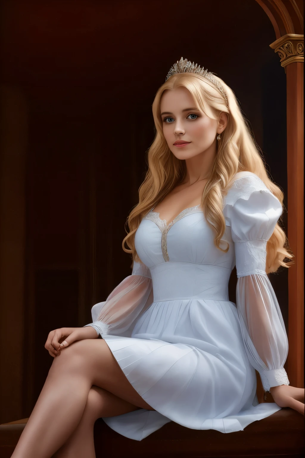 wrc style, beautiful woman, blond, sitting, royal outfit, royal chamber, medieval setting