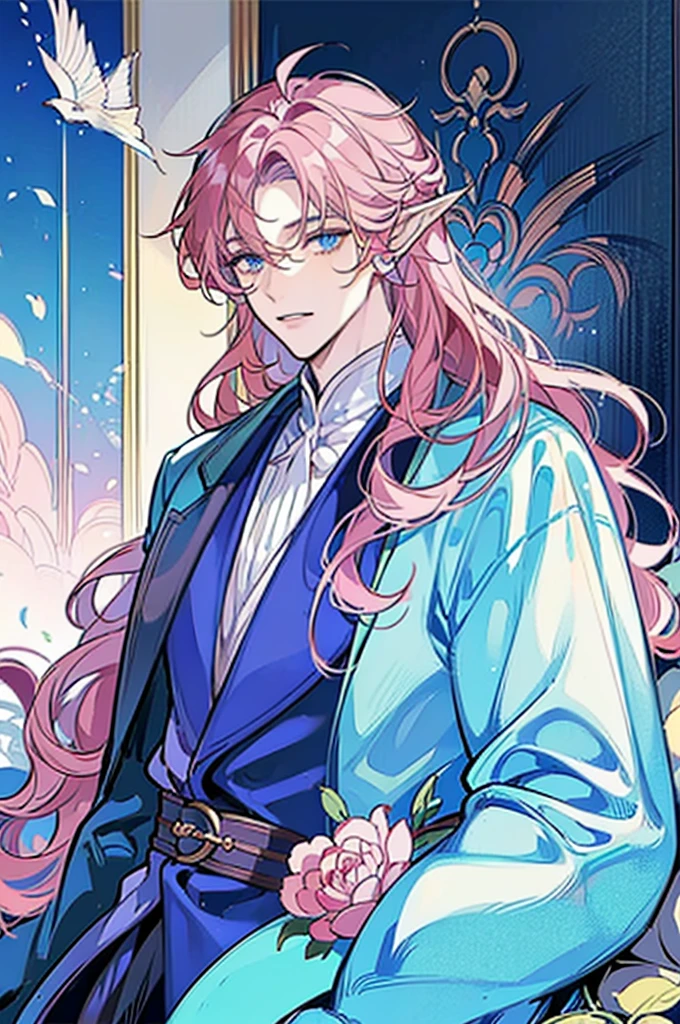 ((masterpiece)), ((one man)), man, man in late 30s, dark skin, blue eyes, detailed eyes, elve ears, pink hair, long hair, long curly hair, ((curly hair)), curly hair, tall, handsome, mature, blue clothes,
