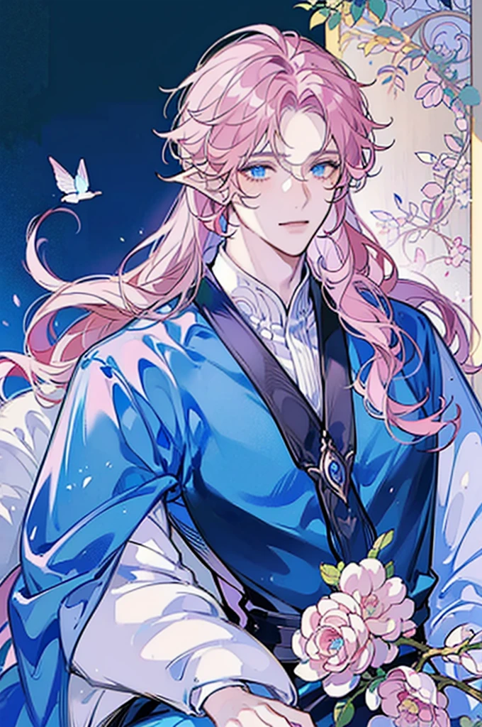 ((masterpiece)), ((one man)), man, man in late 30s, dark skin, blue eyes, detailed eyes, elve ears, pink hair, long hair, long curly hair, ((curly hair)), curly hair, tall, handsome, mature, blue clothes,
