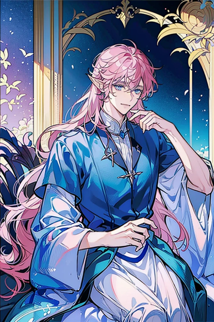 ((masterpiece)), ((one man)), man, man in late 30s, dark skin, blue eyes, detailed eyes, elve ears, pink hair, long hair, long curly hair, ((curly hair)), curly hair, tall, handsome, mature, blue clothes,
