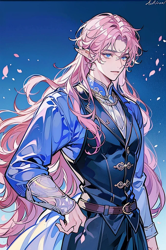 ((masterpiece)), ((one man)), man, man in late 30s, dark skin, blue eyes, detailed eyes, elve ears, pink hair, long hair, long curly hair, ((curly hair)), curly hair, tall, handsome, mature, blue clothes,