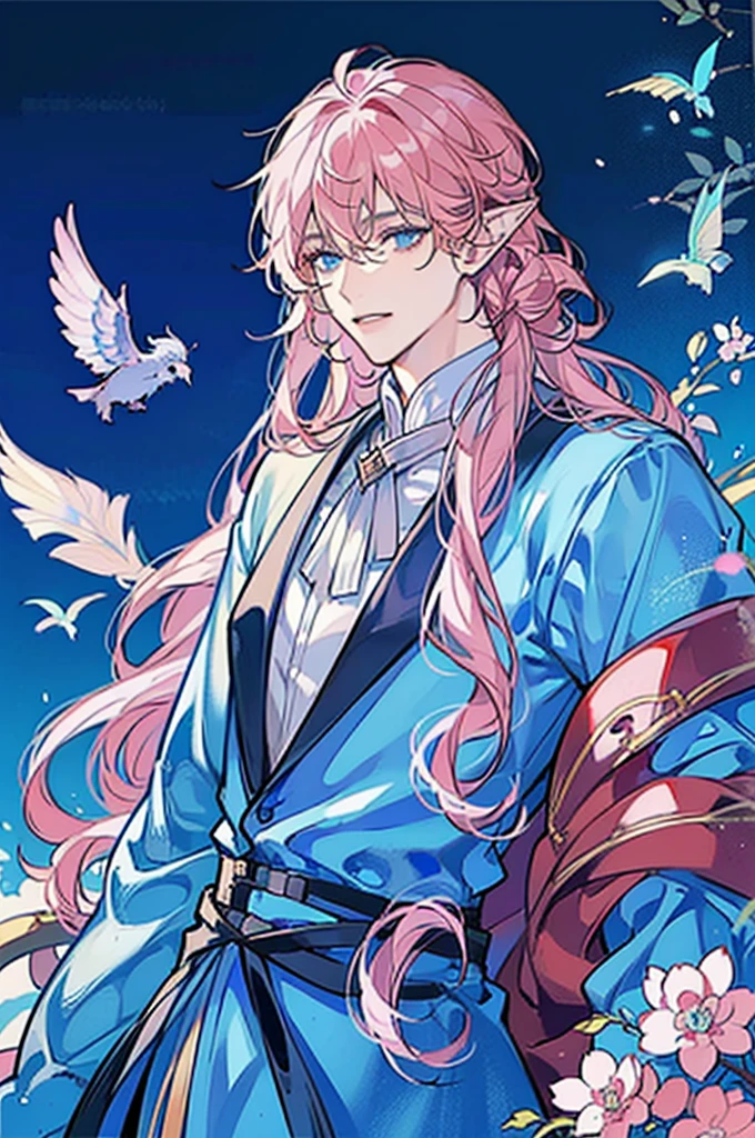 ((masterpiece)), ((one man)), man, man in late 30s, dark skin, blue eyes, detailed eyes, elve ears, pink hair, long hair, long curly hair, ((curly hair)), curly hair, tall, handsome, , blue clothes,