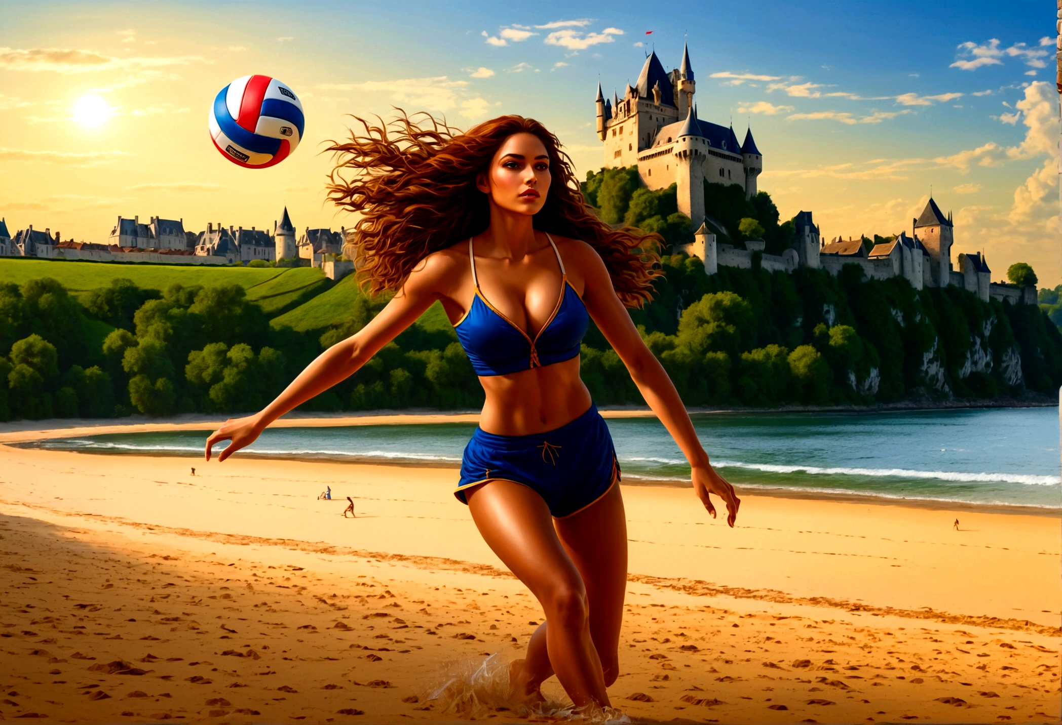 a masterful picture of a woman playing volley ball on an on coast of the Loir river, an extraordinary beautiful renaissance woman, long hair, wavy hair, dynamic hair color, dynamic eye color, playing volley ball in a beautiful beach on the Loir river, best detailed face, a French medieval castle on the river bank in the background, Ultra-high resolution, High Contrast, (masterpiece:1.5), highest quality, Best aesthetics), best details, best quality, highres, 16k, [ultra detailed], masterpiece, best quality, (extremely detailed), Intense gaze, chumbasket art style, 