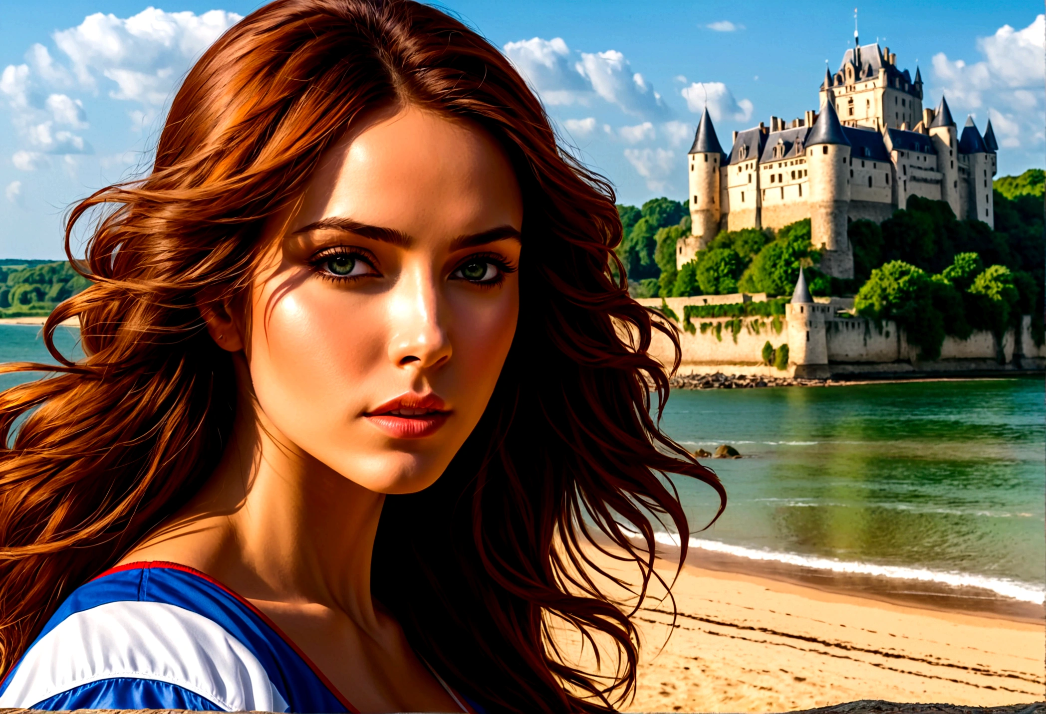 a masterful picture of a woman playing volley ball on an on coast of the Loir river, an extraordinary beautiful renaissance woman, long hair, wavy hair, dynamic hair color, dynamic eye color, playing volley ball in a beautiful beach on the Loir river, best detailed face, a French medieval castle on the river bank in the background, Ultra-high resolution, High Contrast, (masterpiece:1.5), highest quality, Best aesthetics), best details, best quality, highres, 16k, [ultra detailed], masterpiece, best quality, (extremely detailed), Intense gaze, chumbasket art style, 