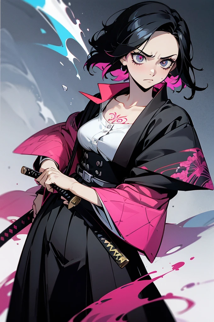 1 woman, wearing a stylish and edgy outfit, the color palette is mainly dark with splashes of vibrant colors, tailored white shirts, fashionable, woman, vibrant, outfit, colorful, accessory, majestic, sharp focus, modern, determined expression, closed one eye, disgusted face, embarrassed, Ink wash painting background, geometry tattoo, (cinematic), elaborate, holding japanese sword, katana, pose, collarbone,
