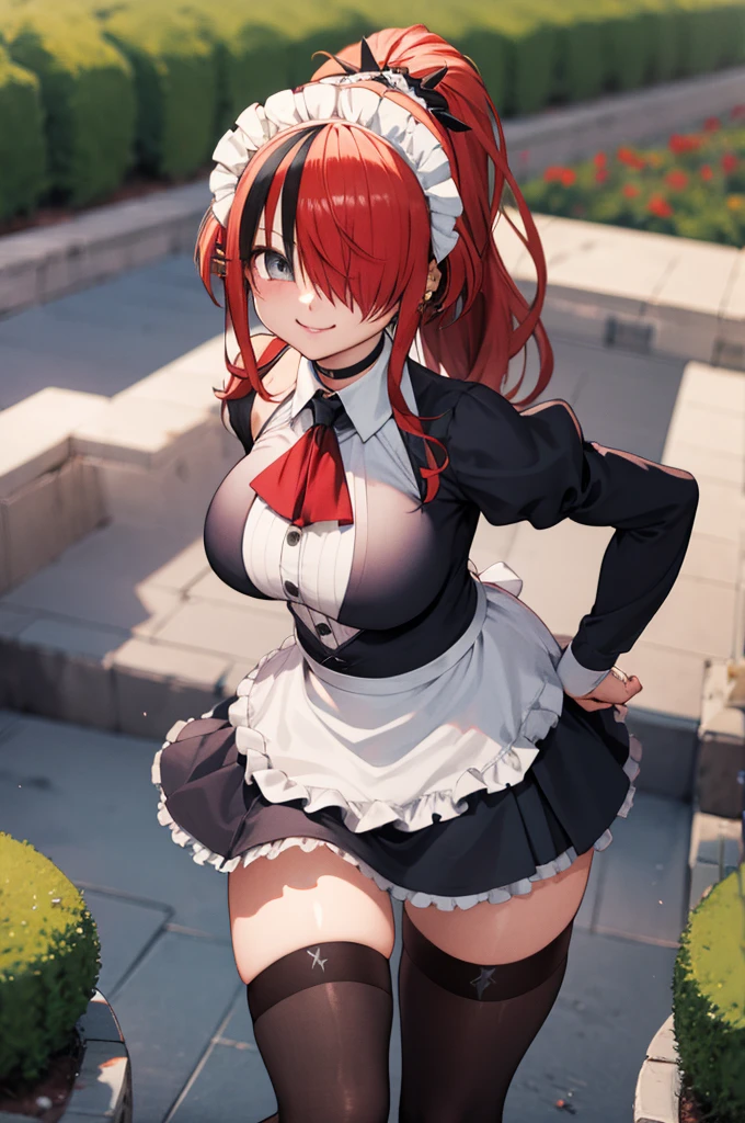 masterpiece, best quality, highres, hmlain, long hair, ponytail, streaked hair, hair over one eye, maid headdress, ear piercing, , black choker, frills, maid, black ascot, black dress, long sleeves, puffy sleeves, white apron, maid apron,, garden, smile,bare shoulder,huge breasts,cleavage,miniskirt,thighhighs