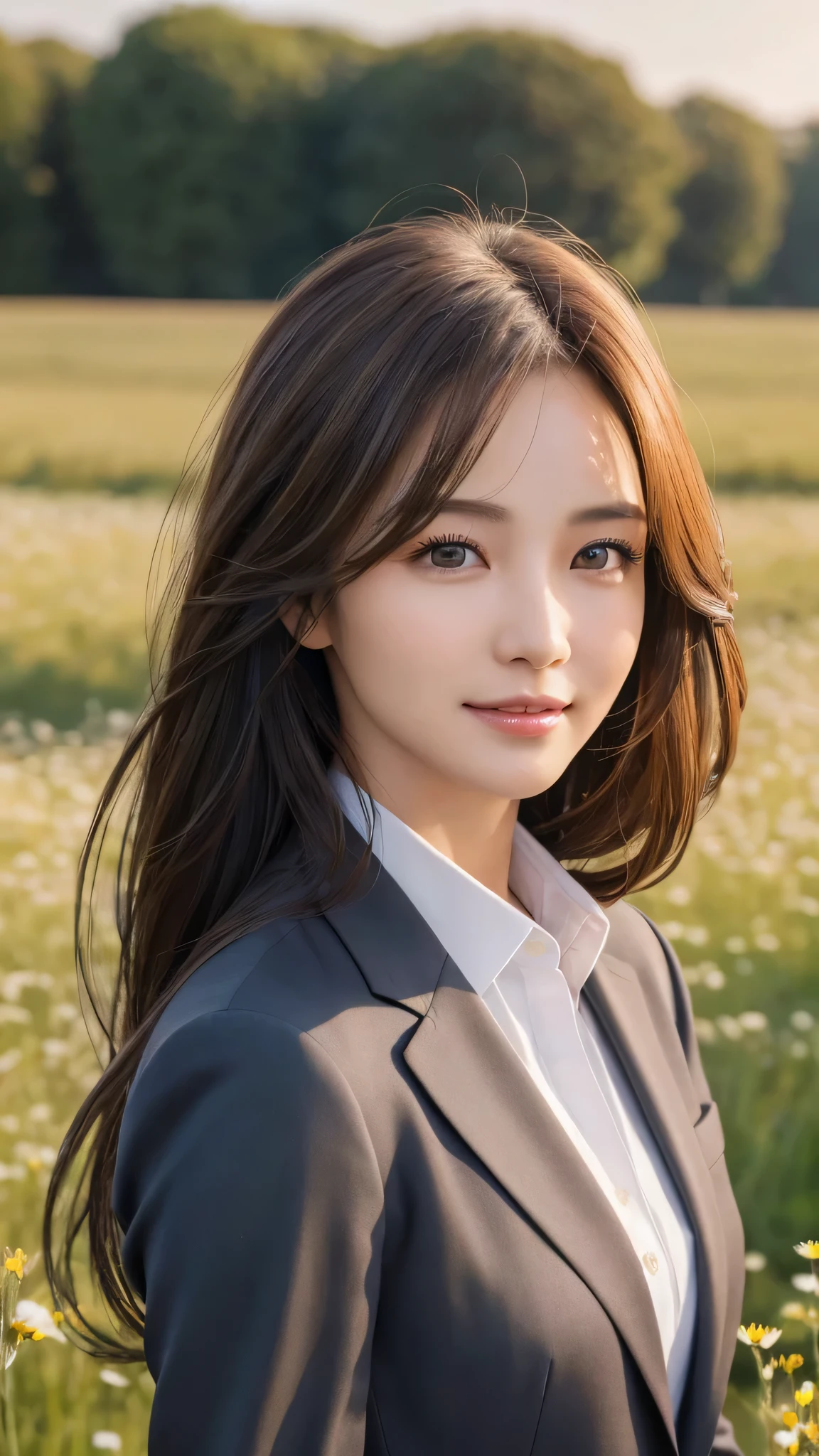 highest quality、genuine、Super detailed、finely、High resolution、8k wallpaper、one beautiful woman、、、light brown disheveled hair、wearing a business suit、sharp focus、perfect dynamic composition、beautiful and detailed eyes、thin hair、Detailed genuine skin texture、smile、model body shape、In a windswept meadow