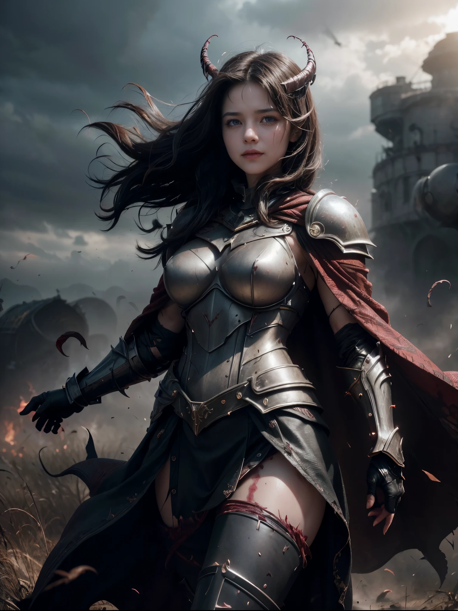 photograph sexy of a dark-haired woman with curls tousled by the wind, intertwined hair, (Battlefield, war, blood, medieval battle, medieval warfield, earth, dust, dust in the wind, stained with blood, face stained with blood, armor stained with blood), deep neckline, full skirt flying in the wind, like a flame against the twilight sky., radiating unrestrained beauty, small breasts, ( Wearing black metallic war armor with red line details and black metallic scales, female war armor is, Armor with torn black cape, cape, helmet, helmet on the head), a big smile on her face. 1 solo, Style: portrait, blurred background f1.2, full HD resolution, 8k, Dark vignette at the edges, cinematic effect with soft shadows and light and shadow curve at -10, best quality, professional realistic, detailed eye, double eyelid, brighten skin, real hair, realistic skin texture, Masterpiece texture, realistic clothing texture, perfect face and body, Never show hands, hidden hands, blurred hands.