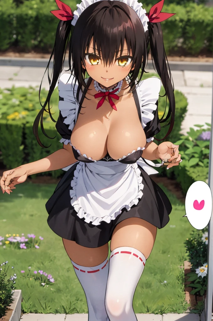 1girl, aster nemesis, ((dark-skinned)) , black hair, very long hair, yellow eyes, , twin tails, looking below, , , tanned body,, ,,,,,(spoken heart),(((maid costume))),miniskirt,thighhighs,,,smile,huge breasts,garden,thigh gap