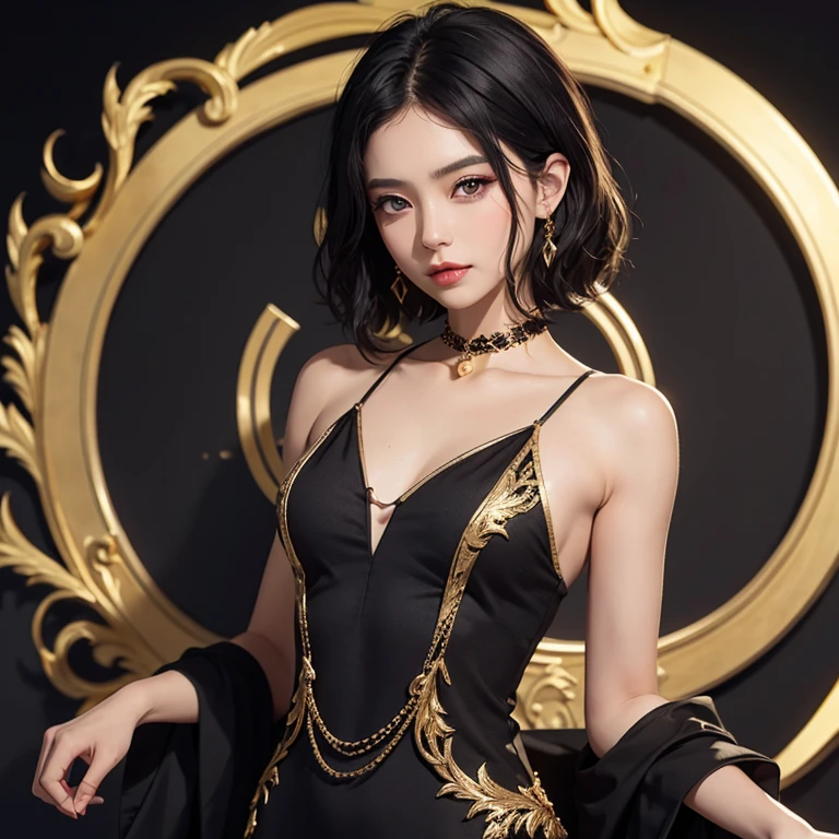 Inscription Shtormy, black hair, world hungry eyes, delicate dress,short hair, a lot of gold