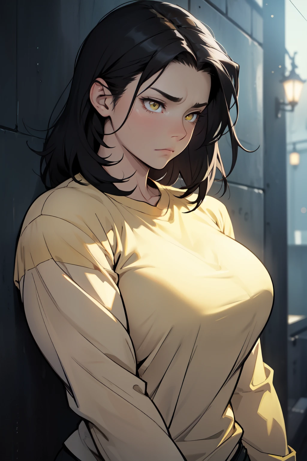 sad girl muscular muscular muscular breasts breasts breasts thick thick thick thick black hair yellow eyes pale skin pale skin thick thick thick long sleeve dark atmosphere thick thick thick thick thick thick muscular simple background sad sad sad sad tigth shirt
