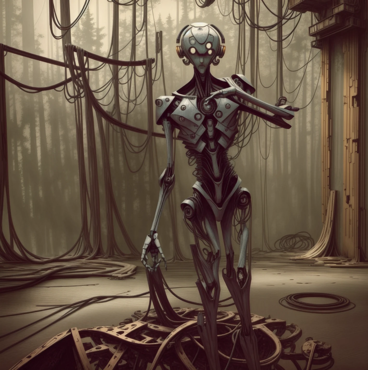 I giant humanoid robot torso, only top half of body, torso attached to a platform on the floor, long mechanical arms, slender robot fingers, rusting, disheveled, wires falling off, robot is falling apart, in the center of a giant chamber