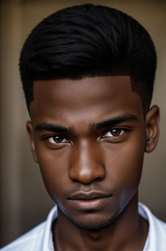 Create a photo of an 18 year old boy with broken hair ,round eyes round face dark skin