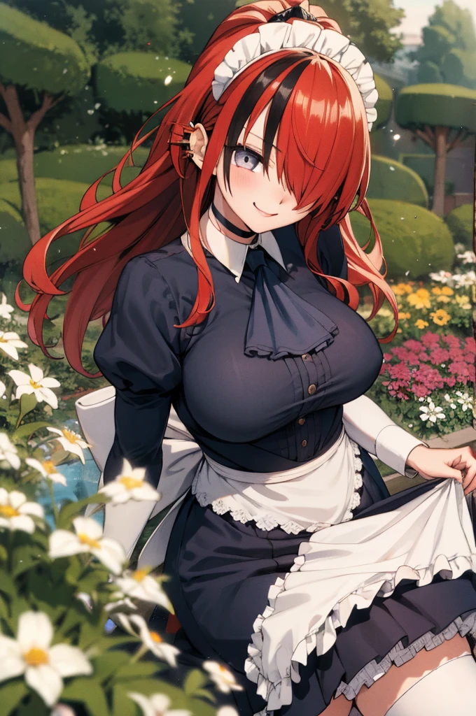 masterpiece, best quality, highres, hmlain, long hair, ponytail, streaked hair, hair over one eye, maid headdress, ear piercing, , black choker, frills, maid, black ascot, black dress, long sleeves, puffy sleeves, white apron, maid apron,, garden, smile,bare shoulder,huge breasts,cleavage,miniskirt,thighhighs