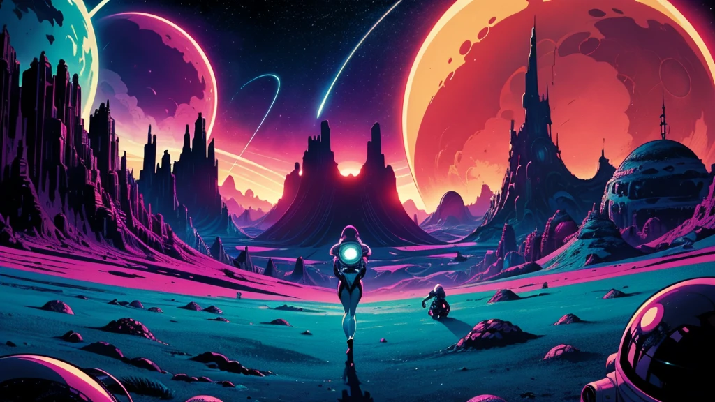 Create a dazzling alien world in the style of 1950s-70s comic book art. Use bold outlines, halftone patterns, and exaggerated perspective. Employ intense, saturated colors reminiscent of vintage four-color printing. Choose ONE of these elements:
-A gleaming futuristic city with impossible architecture and flying vehicles
-Bizarre, tentacled monsters with multiple eyes and otherworldly appendages
-A desolate, crater-filled landscape with twin moons in the sky
-Retro space girls in sleek silver suits and bubble helmets
-A massive, ring-shaped space station orbiting a technicolor planet
-Crystal formations and alien plant life in neon hues
Maintain a psychedelic, otherworldly atmosphere with swirling, colorful skies and strange celestial bodies. Emphasize the contrast between light and shadow to create a dramatic, pulp sci-fi feel.