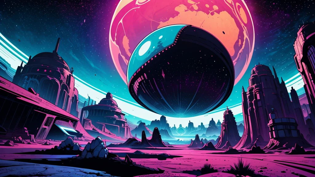 Create a dazzling alien world in the style of 1950s-70s comic book art. Use bold outlines, halftone patterns, and exaggerated perspective. Employ intense, saturated colors reminiscent of vintage four-color printing. Choose ONE of these elements:
-A gleaming futuristic city with impossible architecture and flying vehicles
-Bizarre, tentacled monsters with multiple eyes and otherworldly appendages
-A desolate, crater-filled landscape with twin moons in the sky
-Retro space girls in sleek silver suits and bubble helmets
-A massive, ring-shaped space station orbiting a technicolor planet
-Crystal formations and alien plant life in neon hues
Maintain a psychedelic, otherworldly atmosphere with swirling, colorful skies and strange celestial bodies. Emphasize the contrast between light and shadow to create a dramatic, pulp sci-fi feel.