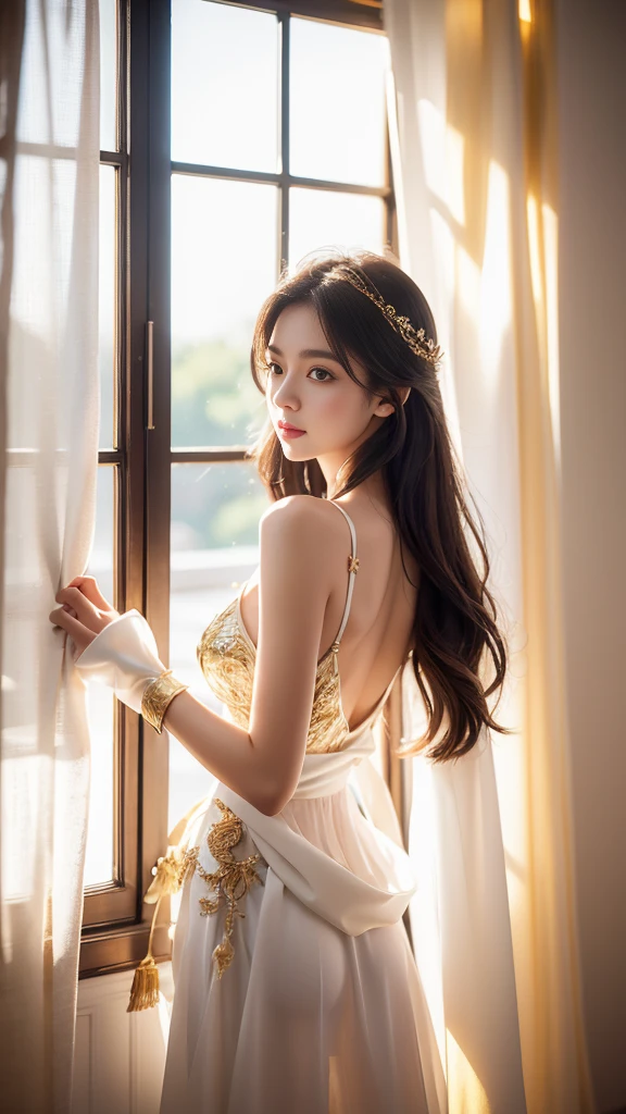 4K, UHD, masterpeice, 1 girl, petfect body, good face, very long hair, ((white skin)), fairytale outfit, golden coutfit, bare waist, fujicolor, window, depth of field, ray tracing, ultra realistic detailes,