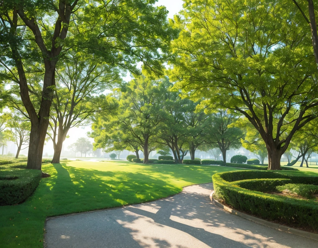 The entire image is a central tree element that fills the entire image with very bright and very bright colors. A bright and beautiful tree fills most of the image. The tree has a very thick trunk, a very light brown color. The trunk of the tree is completely clean and smooth. It emerges a little to the left of the center of the image from the ground covered with fine grass, light green paintings. And very bright, the tree turns sharply to the right and as if lying on the grass and continues to grow in a straight line to the right, a very slight upward slant, while lying on the grass a little to the right of the center of the picture, a thick branch grows from it like the trunk with its same elements that rises upwards in a slightly curved line to the left, the tree itself Continues a little more to the right until it gently curves upwards and continues in a straight line leaning slightly to the right. The entire tree is a light brown color with no branches or leaves at all along the way. Above on the left side there is a gentle sun that sends rays of light to the tree. At the top of the tree grows from it like a full roof that ends in an almost line. A straight line of beautiful branches and leaves in a very light green color