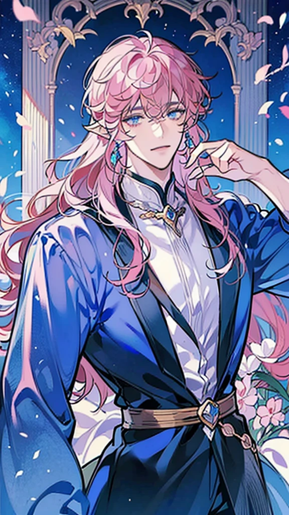 ((masterpiece)), ((one man)), man, man in late 30s, dark skin, blue eyes, detailed eyes, elve ears, pink hair, long hair, long curly hair, ((curly hair)), curly hair, tall, handsome, mature, blue clothes,