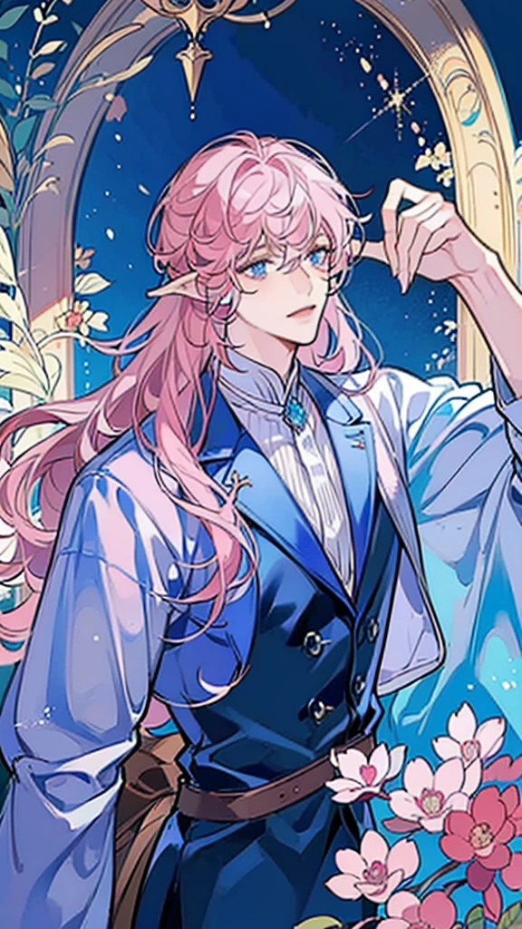 ((masterpiece)), ((one man)), man, man in late 30s, dark skin, blue eyes, detailed eyes, elve ears, pink hair, long hair, long curly hair, ((curly hair)), curly hair, tall, handsome, mature, blue clothes,
