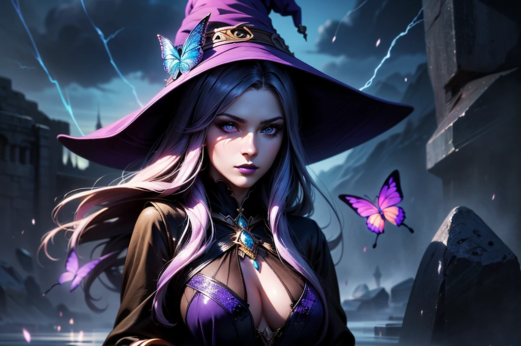 In the middle of so the storm on the stone field stand beatiful witch, she have a beautiful face with blue eyes shining purple lipstick and purple eye shadows, she have long blue hair with purple highlights, she dressed in black long coat short skirt high heels shoes and witch hat on her head , there is lighning butterflys fly all around her, (ultra high quality fantasy art, anime fantasy style, masterpiece, ultra high quality character design, 8k quality anime art, realistic anime art, top quality wallpaper illustration, detailed ultra high quality accurate face, high quality design and accurate physic)
