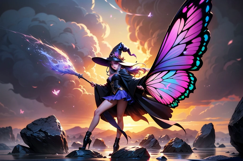 In the middle of so the storm on the stone field stand beatiful witch, she have a beautiful face with blue eyes shining purple lipstick and purple eye shadows, she have long blue hair with purple highlights, she dressed in black long coat short skirt high heels shoes and witch hat on her head , there is lighning butterflys fly all around her, (ultra high quality fantasy art, anime fantasy style, masterpiece, ultra high quality character design, 8k quality anime art, realistic anime art, top quality wallpaper illustration, detailed ultra high quality accurate face, high quality design and accurate physic)