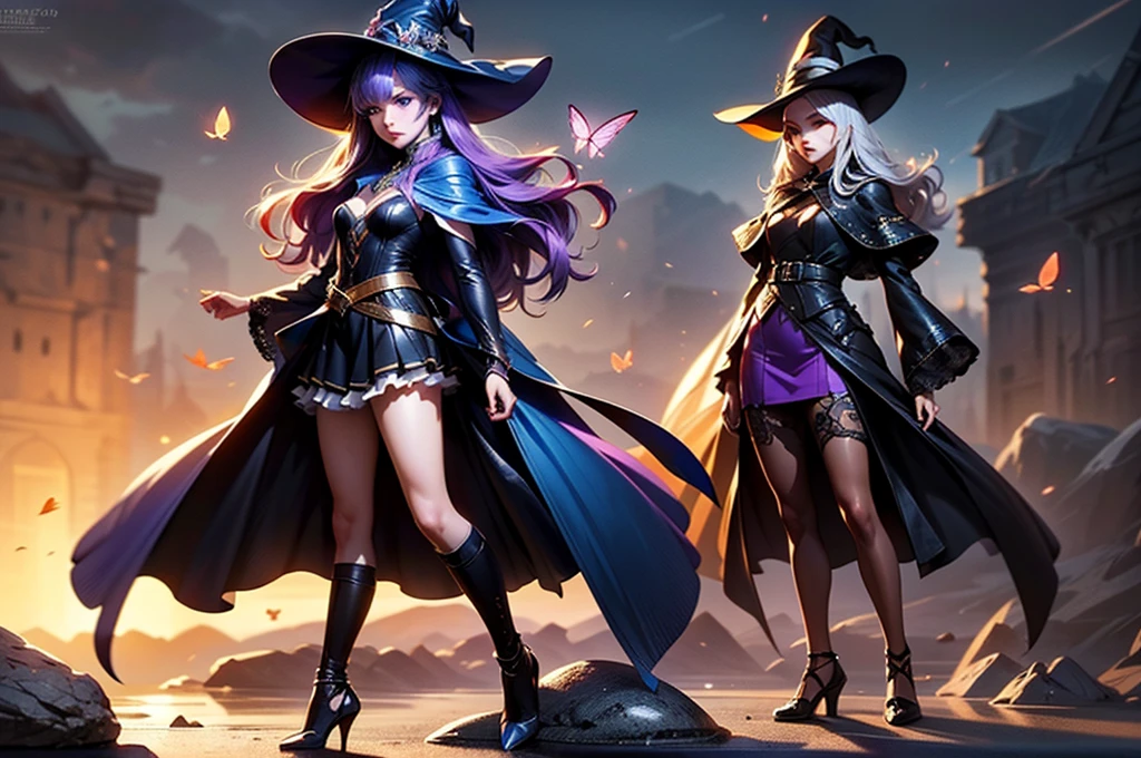 In the middle of so the storm on the stone field stand beatiful witch, she have a beautiful face with blue eyes shining purple lipstick and purple eye shadows, she have long blue hair with purple highlights, she dressed in black long coat short skirt high heels shoes and witch hat on her head , there is lighning butterflys fly all around her, (ultra high quality fantasy art, anime fantasy style, masterpiece, ultra high quality character design, 8k quality anime art, realistic anime art, top quality wallpaper illustration, detailed ultra high quality accurate face, high quality design and accurate physic)
