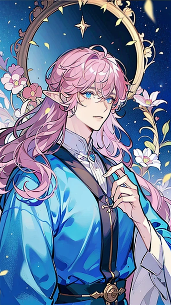 ((masterpiece)), ((one man)), man, man in late 30s, dark skin, blue eyes, detailed eyes, elve ears, pink hair, long hair, long curly hair, ((curly hair)), curly hair, tall, handsome, mature, blue clothes,
