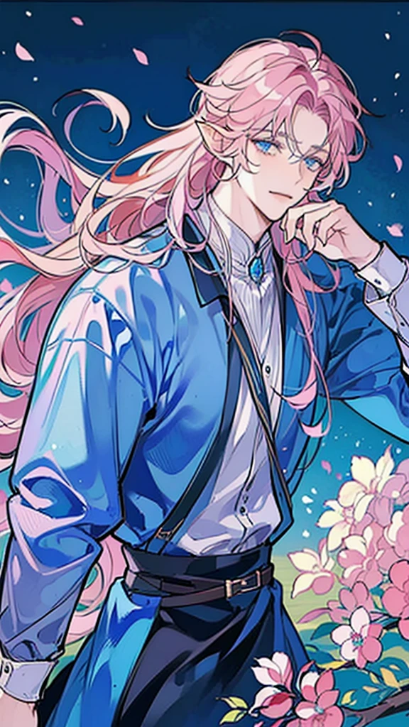 ((masterpiece)), ((one man)), man, man in late 30s, dark skin, blue eyes, detailed eyes, elve ears, pink hair, long hair, long curly hair, ((curly hair)), curly hair, tall, handsome, mature, blue clothes,
