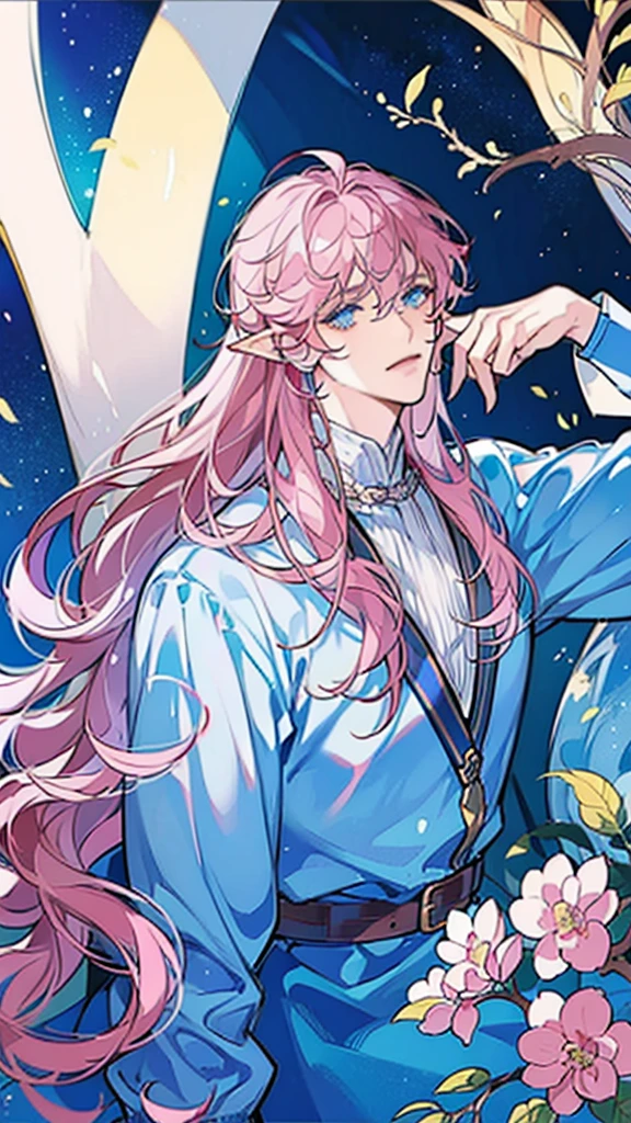 ((masterpiece)), ((one man)), man, man in late 30s, dark skin, blue eyes, detailed eyes, elve ears, pink hair, long hair, long curly hair, ((curly hair)), curly hair, tall, handsome, mature, blue clothes,
