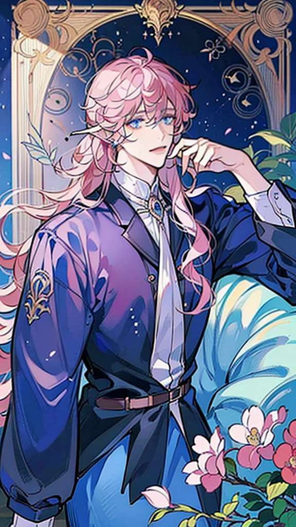 ((masterpiece)), ((one man)), man, man in late 30s, dark skin, blue eyes, detailed eyes, elve ears, pink hair, long hair, long curly hair, ((curly hair)), curly hair, tall, handsome, mature, blue clothes,