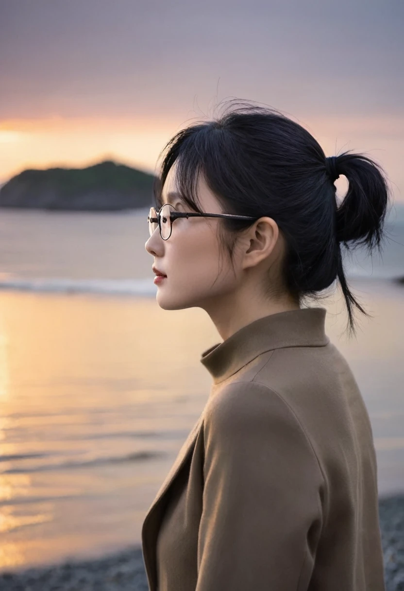 Black Hair, Japanese, ponytail, glasses, profile, mysterious, sunset, coastal, Beauty, Twenty generations, Nape