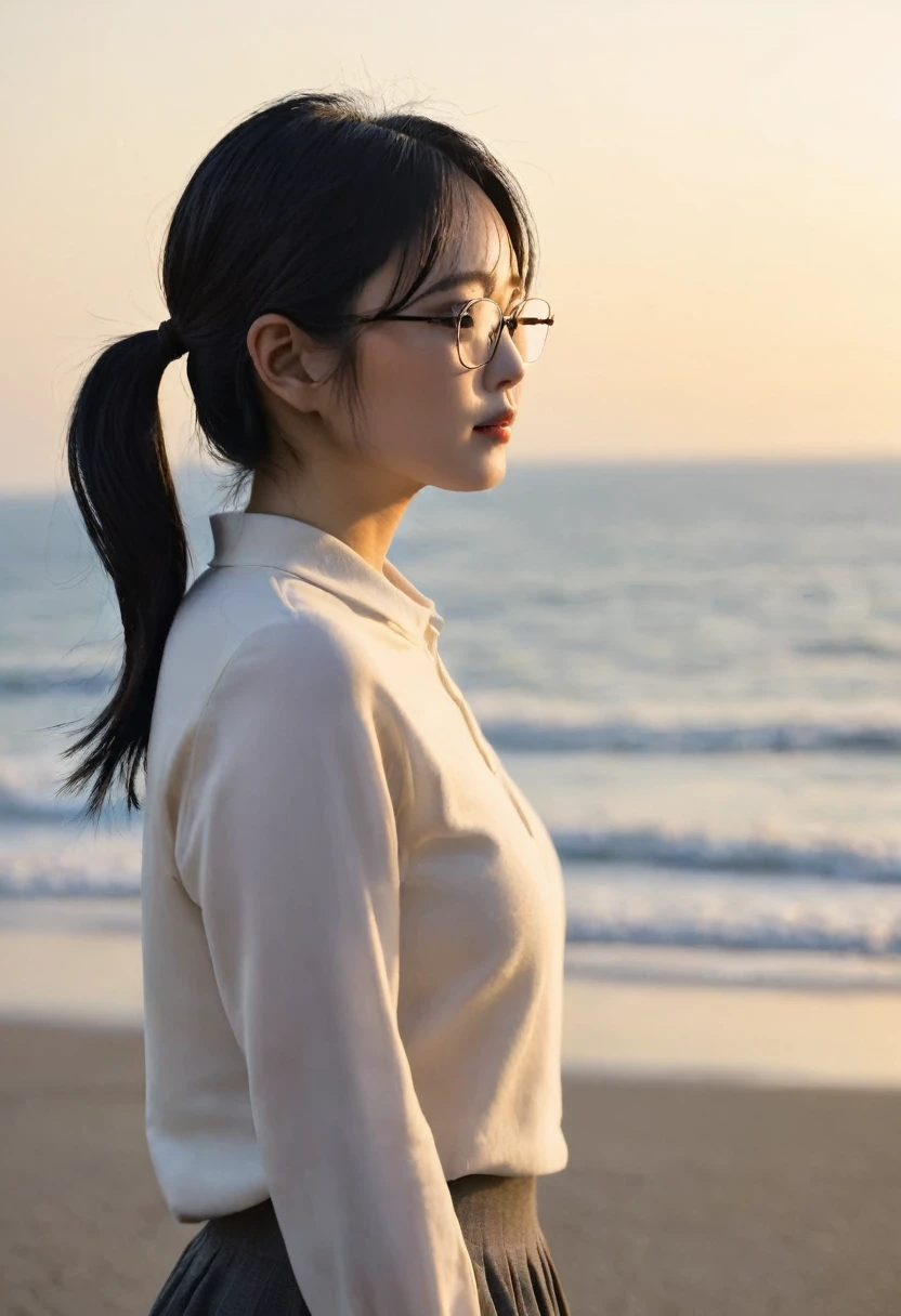 Black Hair, Japanese, ponytail, glasses, profile, mysterious, sunset, coastal, Beauty, Twenty generations, Nape