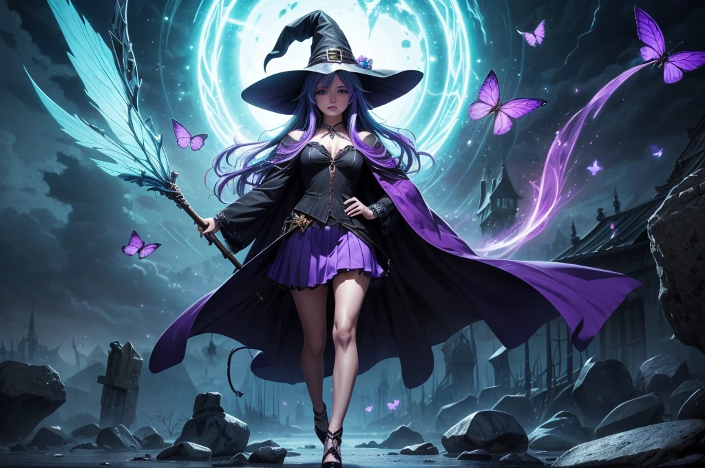 In the middle of so the storm on the stone field stand beatiful witch, she have a beautiful face with blue eyes shining purple lipstick and purple eye shadows, she have long blue hair with purple highlights, she dressed in black long coat short skirt high heels shoes and witch hat on her head , there is lighning butterflys fly all around her, (ultra high quality fantasy art, anime fantasy style, masterpiece, ultra high quality character design, 8k quality anime art, realistic anime art, top quality wallpaper illustration, detailed ultra high quality accurate face, high quality design and accurate physic)
