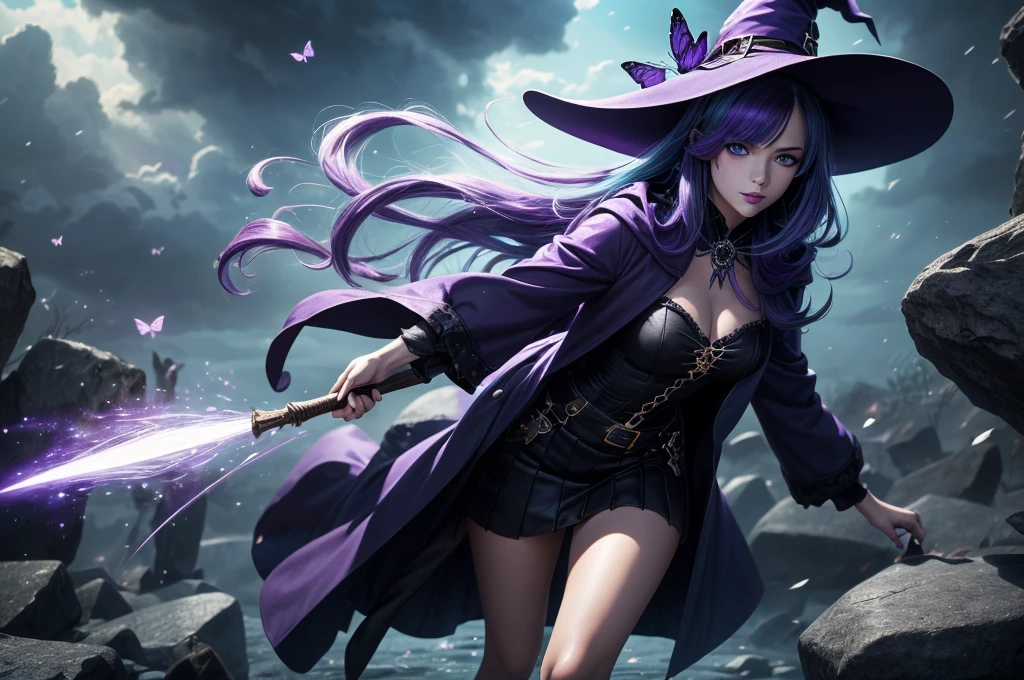 In the middle of so the storm on the stone field stand beatiful witch, she have a beautiful face with blue eyes shining purple lipstick and purple eye shadows, she have long blue hair with purple highlights, she dressed in black long coat short skirt high heels shoes and witch hat on her head , there is lighning butterflys fly all around her, (ultra high quality fantasy art, anime fantasy style, masterpiece, ultra high quality character design, 8k quality anime art, realistic anime art, top quality wallpaper illustration, detailed ultra high quality accurate face, high quality design and accurate physic)
