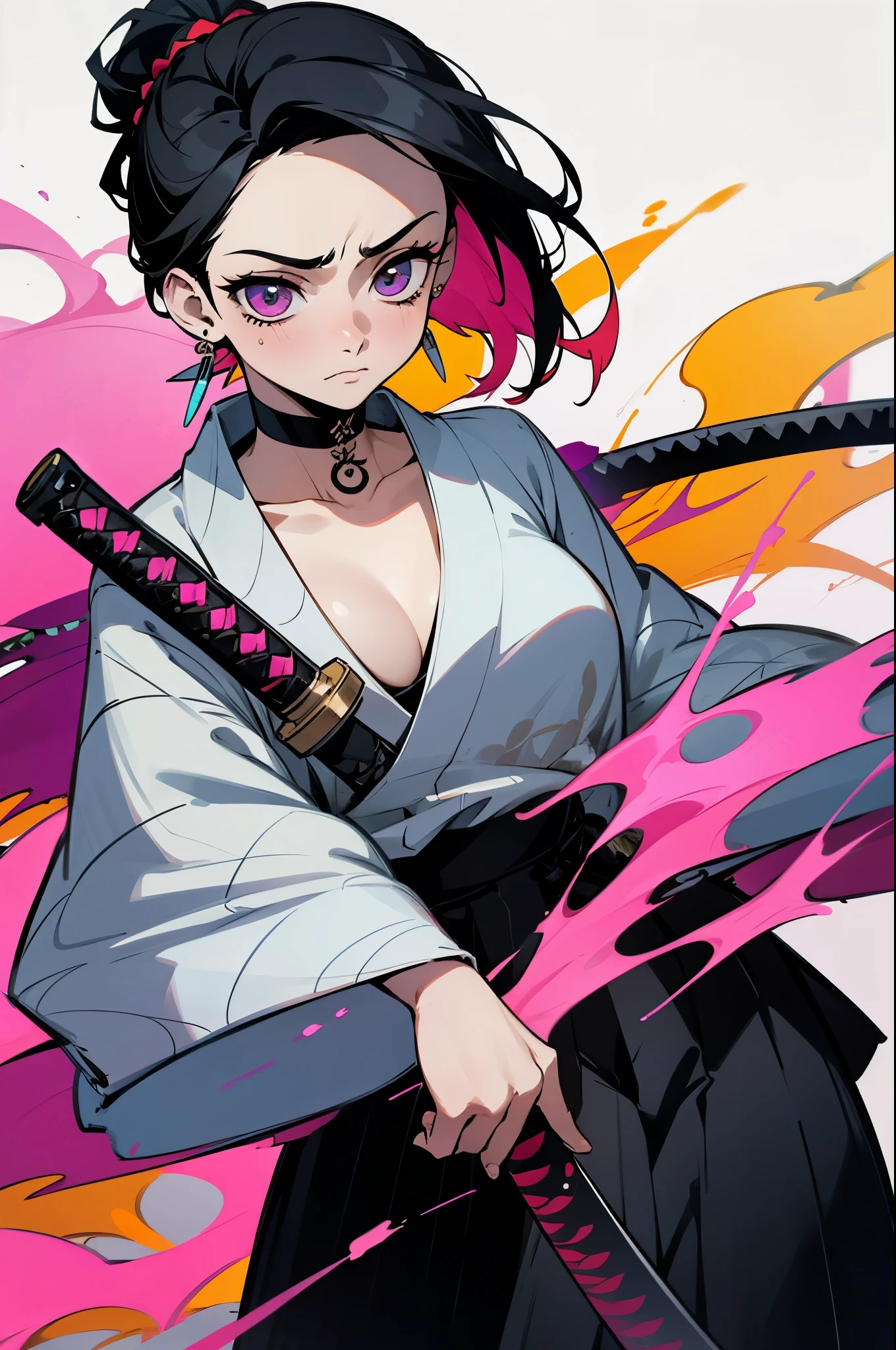 1 woman, wearing a stylish and edgy outfit, the color palette is mainly dark with splashes of vibrant colors, tailored white shirts, fashionable, woman, vibrant, outfit, colorful, accessory, majestic, sharp focus, modern, determined expression, closed one eye, disgusted face, embarrassed, Ink wash painting background, geometry tattoo, (cinematic), elaborate, holding japanese sword, katana, pose, collarbone,
