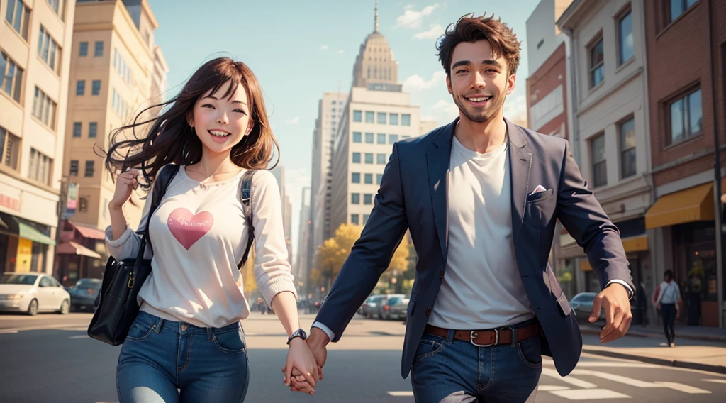 landscape of a cheerful happy couple, with heart gift, in a city, smiling, both in pants