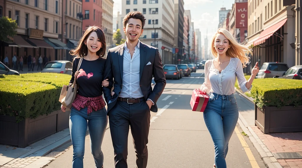 landscape of a cheerful happy couple, with heart gift, in a city, smiling, both in pants