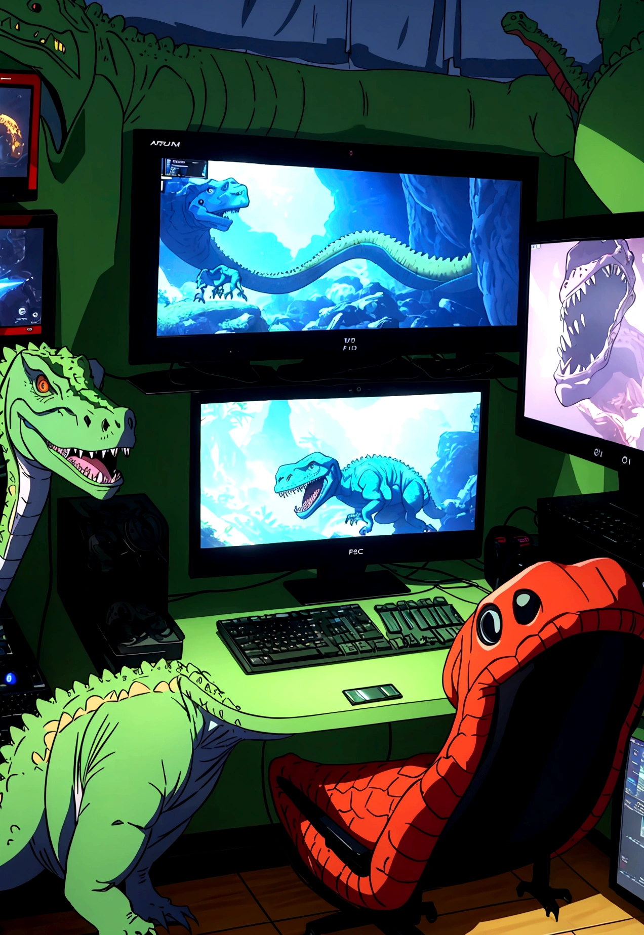 a dinosaur who play video game on a pc on a bedroom